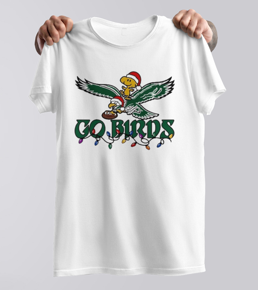 Snoopy And Woodstock Riding Philadelphia Eagles Christmas Go Birds T-Shirt