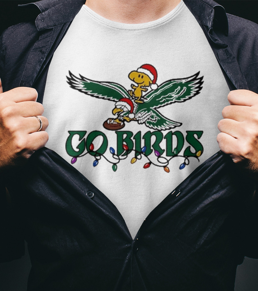 Snoopy And Woodstock Riding Philadelphia Eagles Christmas Go Birds T-Shirt