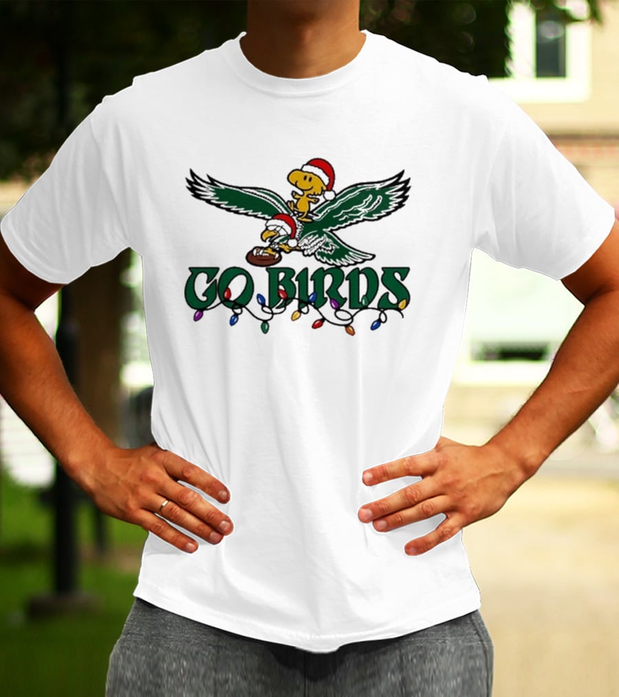 Snoopy And Woodstock Riding Philadelphia Eagles Christmas Go Birds T-Shirt