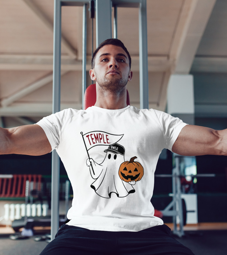 Temple Owls Halloween Ghost With Pumpkin And Flag T-Shirt