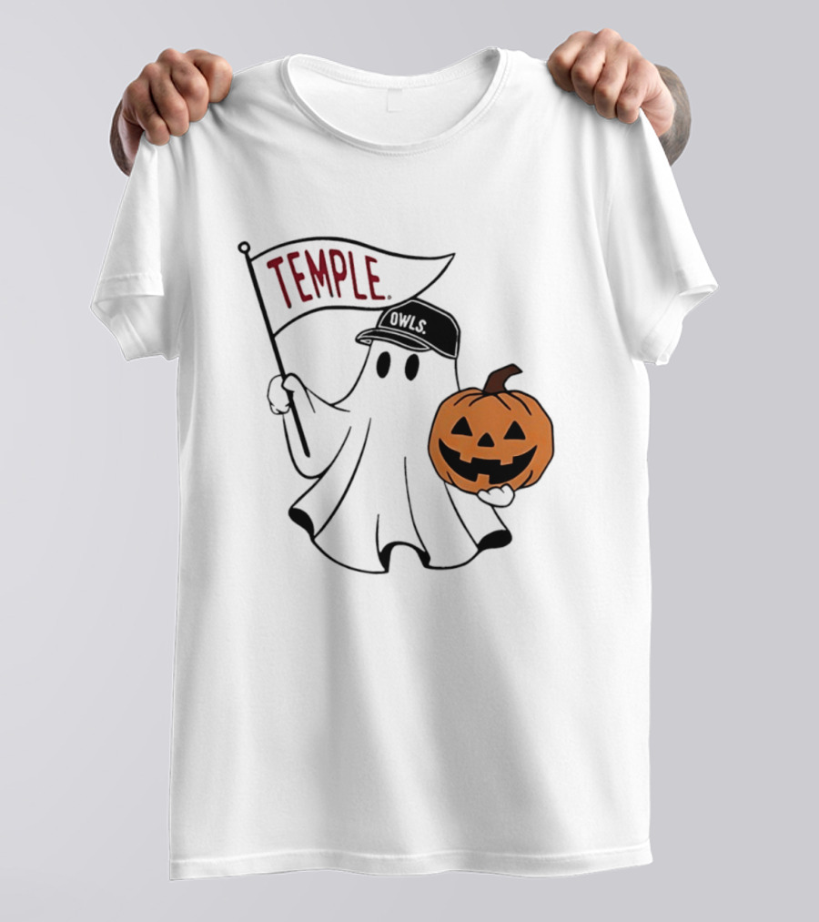 Temple Owls Halloween Ghost With Pumpkin And Flag T-Shirt
