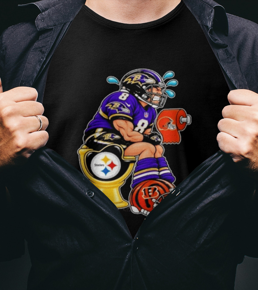 Baltimore Ravens Lamar Jackson On Steelers Toilet With Browns Toilet Paper And Bengals Helmet T-Shirt