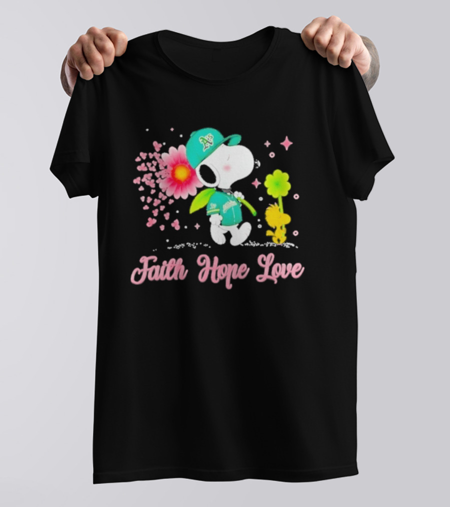 Oakland Athletics Snoopy Woodstock Faith Hope Love Breast Cancer Awareness 2026 T-Shirt