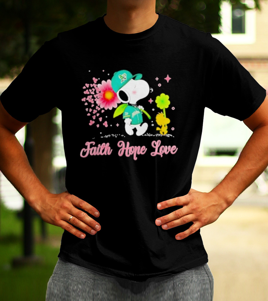 Oakland Athletics Snoopy Woodstock Faith Hope Love Breast Cancer Awareness 2026 T-Shirt