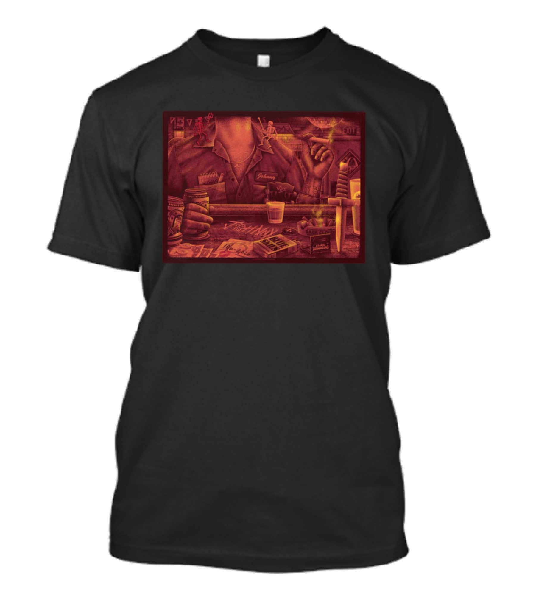 Johnny Blue Skies Dark Clouds Enterprise Center Oct 6 2026 Poker Whiskey Skeletons Dagger Smoky Bar Scene T-Shirt