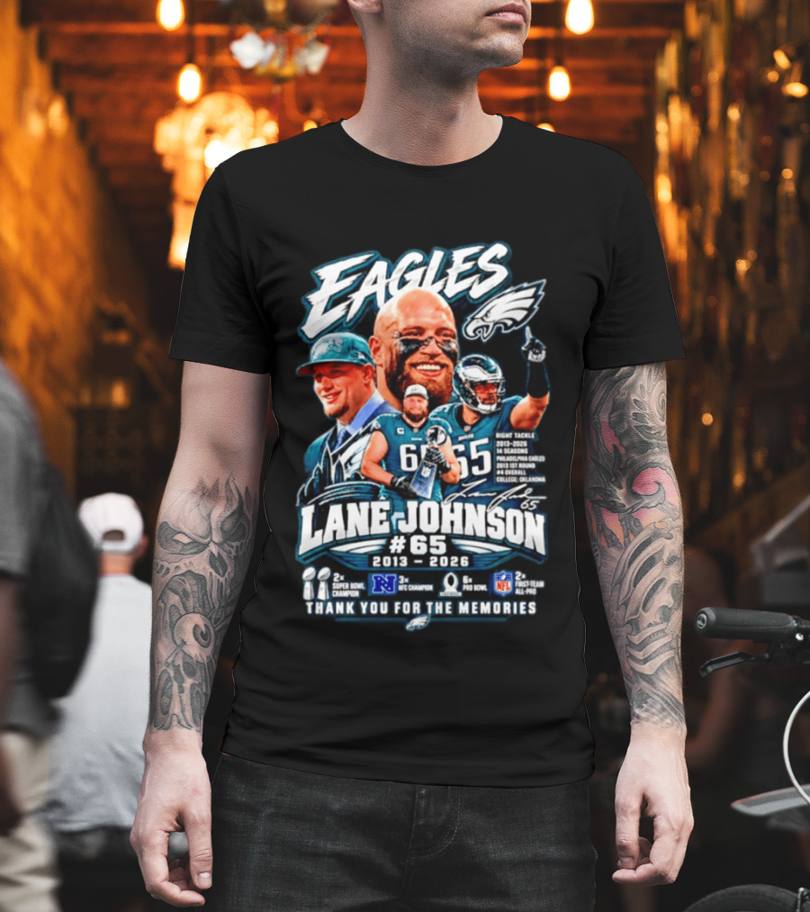 Eagles Lane Johnson #65 Philadelphia NFL Right Tackle 2013 2026 Thank You For The Memories Super Bowl Champion Pro Bowl T-Shirt