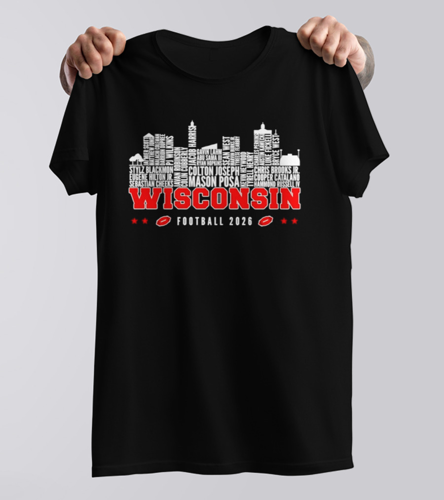 Wisconsin Badgers Football 2026 City Skyline Players Names T-Shirt