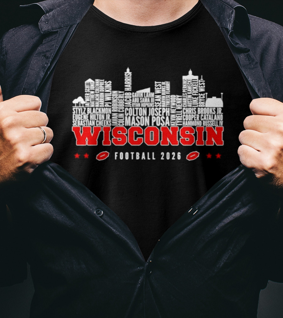 Wisconsin Badgers Football 2026 City Skyline Players Names T-Shirt