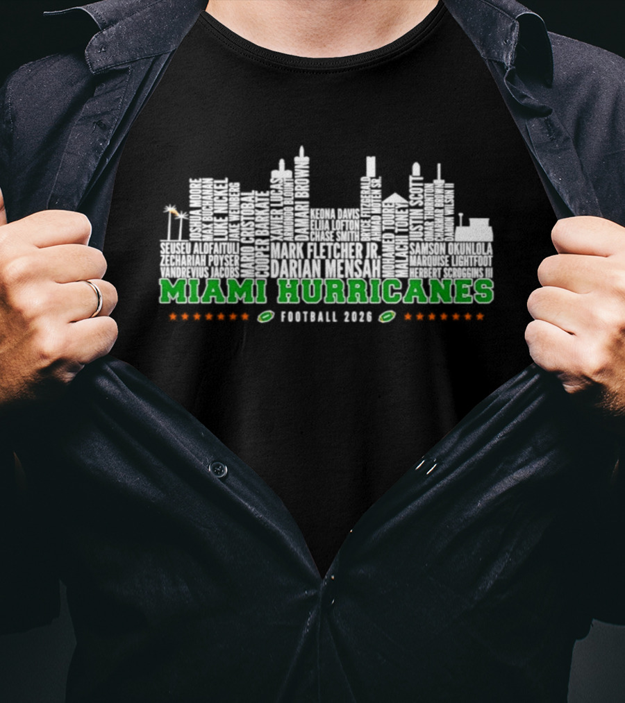 Miami Hurricanes Football 2026 Players Names City Skyline Miami Hurricanes Football 2026 T-Shirt