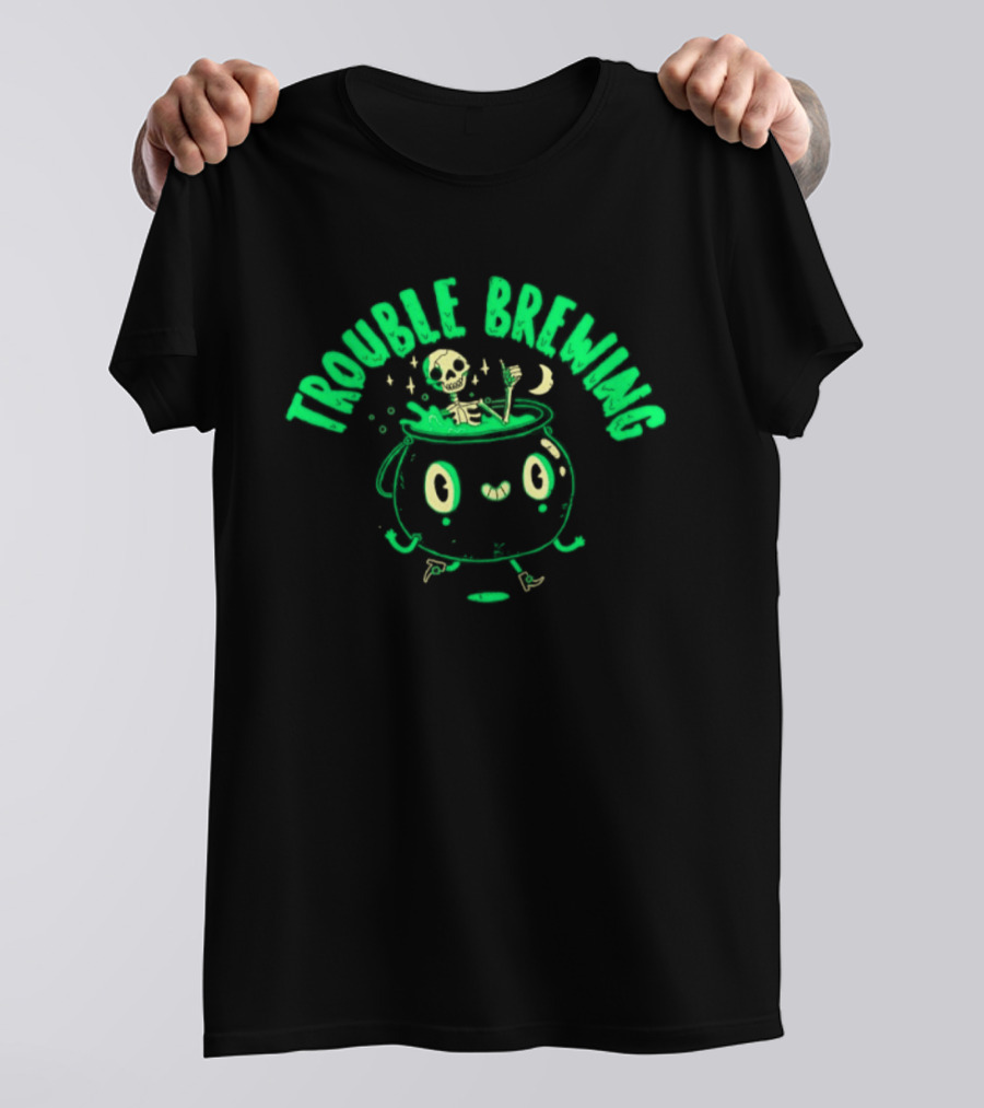 Skeleton Trouble Brewing Halloween 2026 Cauldron Moon T-Shirt