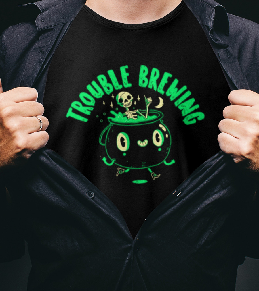 Skeleton Trouble Brewing Halloween 2026 Cauldron Moon T-Shirt