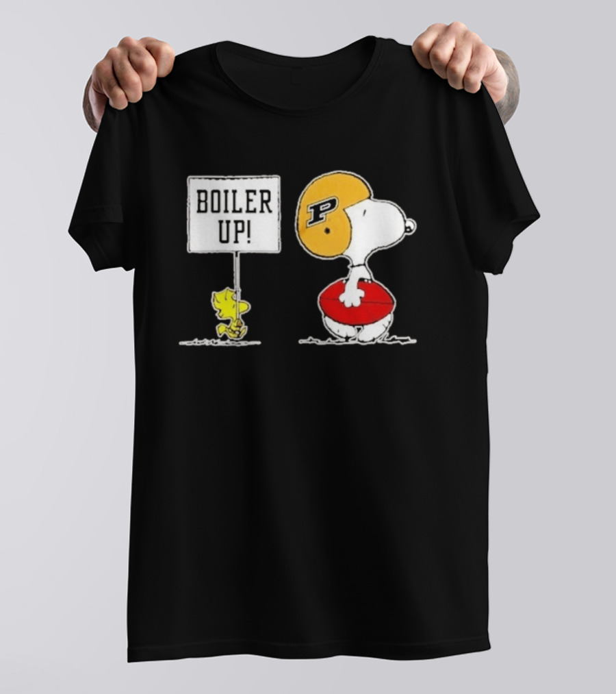 Snoopy And Woodstock Boiler Up Purdue Boilermakers Football P Helmet Peanuts Characters Holding Football T-Shirt