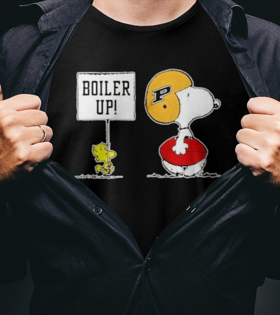 Snoopy And Woodstock Boiler Up Purdue Boilermakers Football P Helmet Peanuts Characters Holding Football T-Shirt