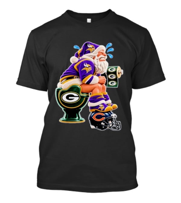 Minnesota Vikings Santa With Green Bay Packers Toilet And Chicago Bears Helmet Christmas Football T-Shirt