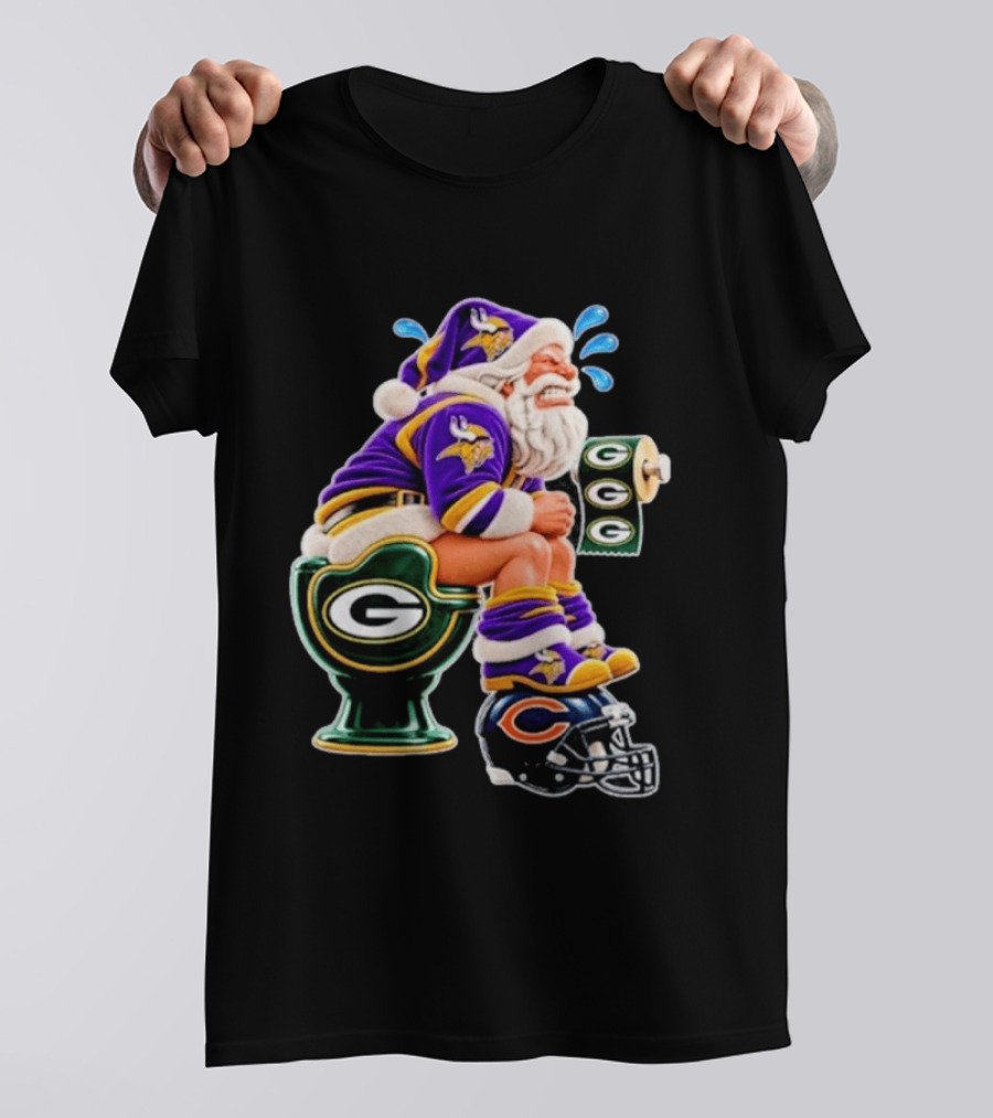 Minnesota Vikings Santa With Green Bay Packers Toilet And Chicago Bears Helmet Christmas Football T-Shirt