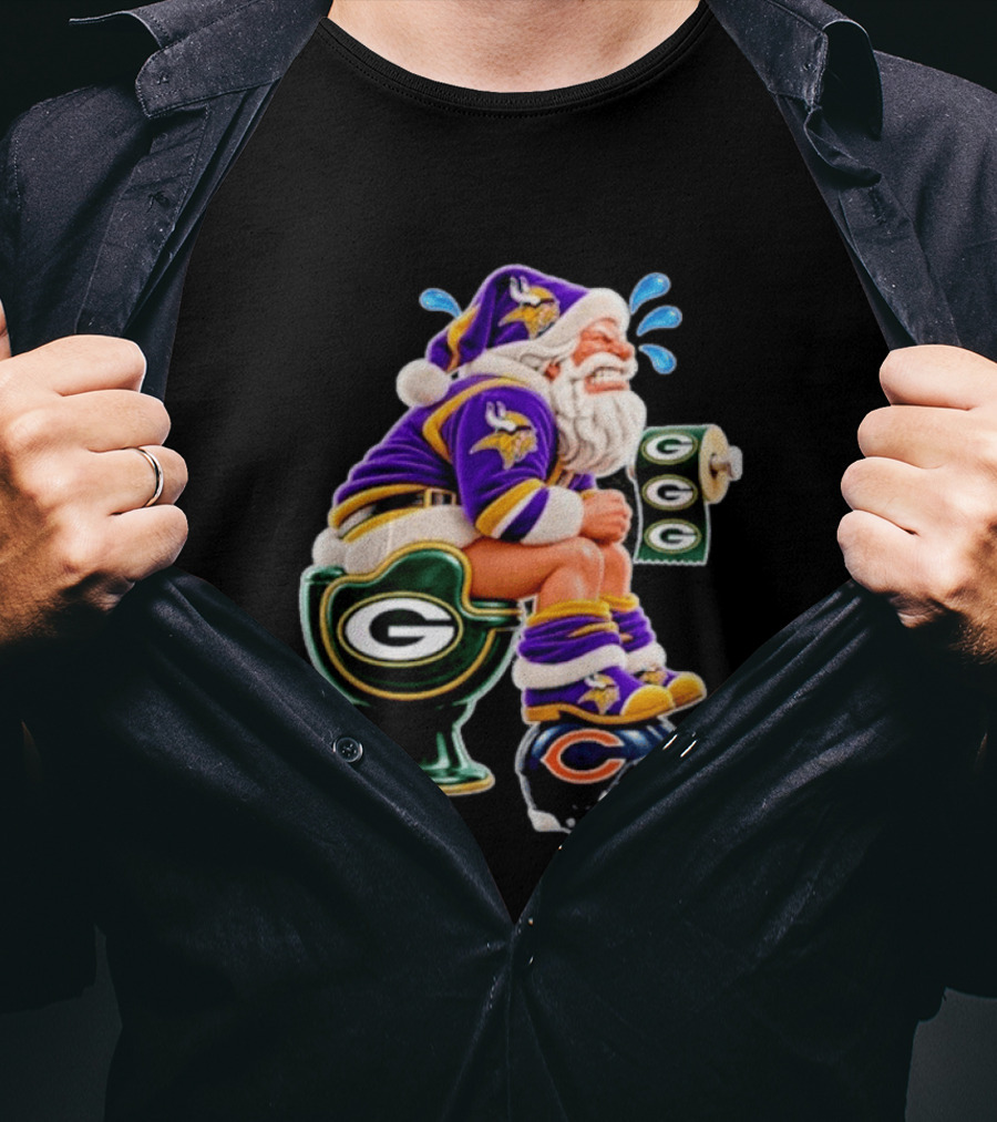 Minnesota Vikings Santa With Green Bay Packers Toilet And Chicago Bears Helmet Christmas Football T-Shirt