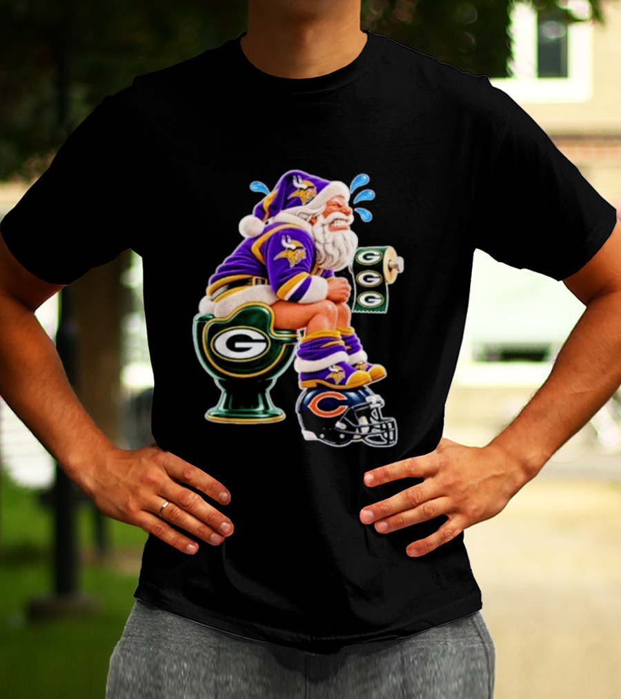 Minnesota Vikings Santa With Green Bay Packers Toilet And Chicago Bears Helmet Christmas Football T-Shirt