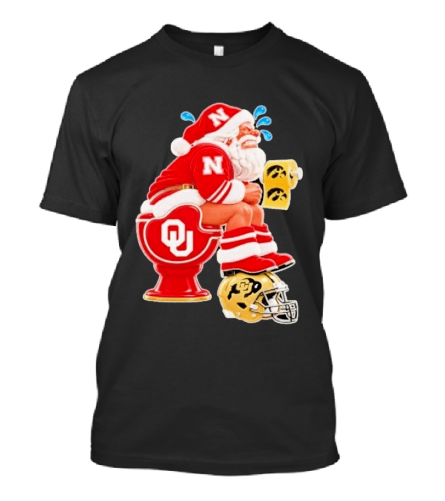 Nebraska Santa On Oklahoma Toilet With Iowa Toilet Paper And Colorado Helmet Football Rivalry Humor T-Shirt