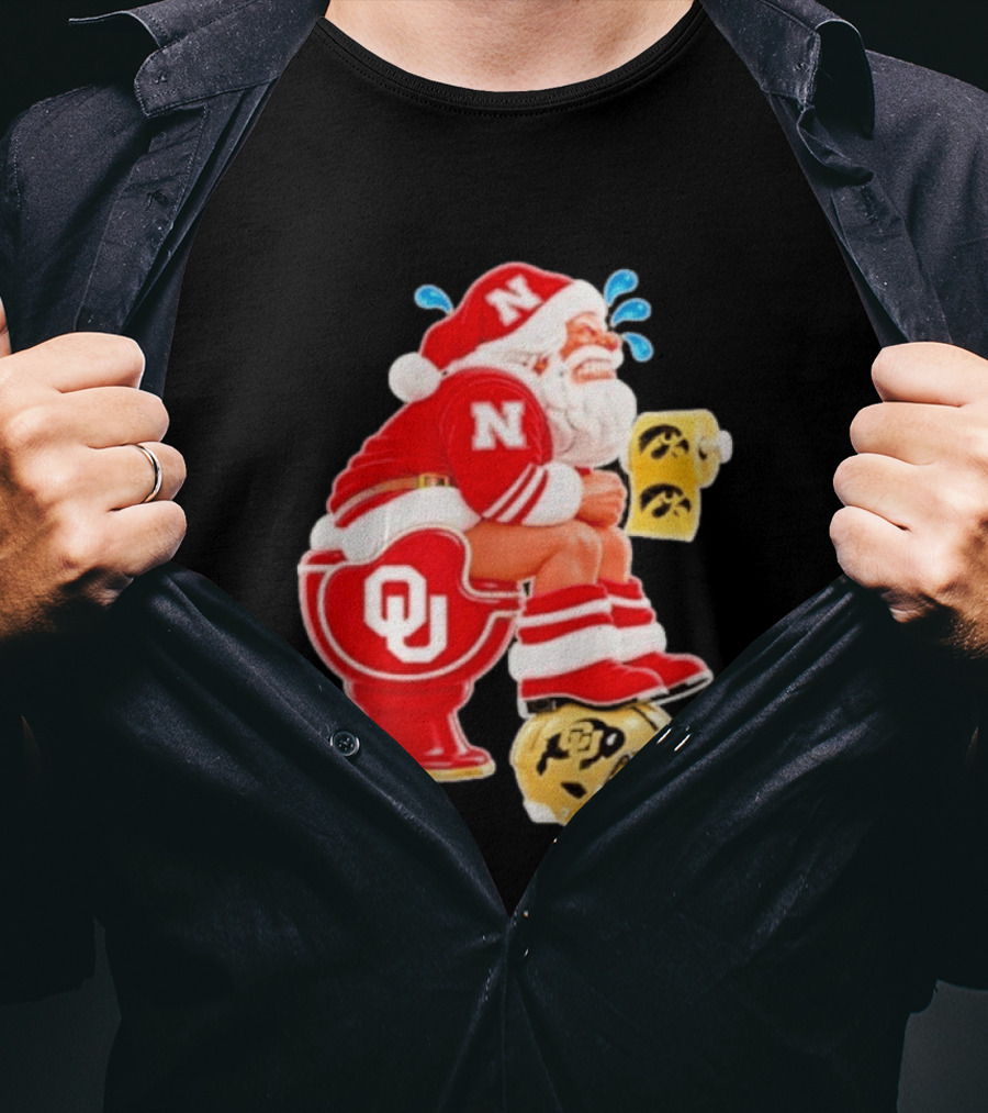 Nebraska Santa On Oklahoma Toilet With Iowa Toilet Paper And Colorado Helmet Football Rivalry Humor T-Shirt