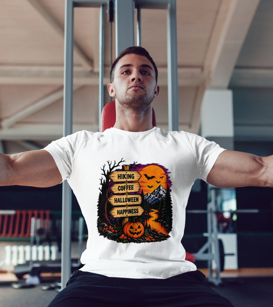 Hiking Coffee Halloween Happiness Fall Season Signpost Scenic Sunset Pumpkin Bats T-Shirt