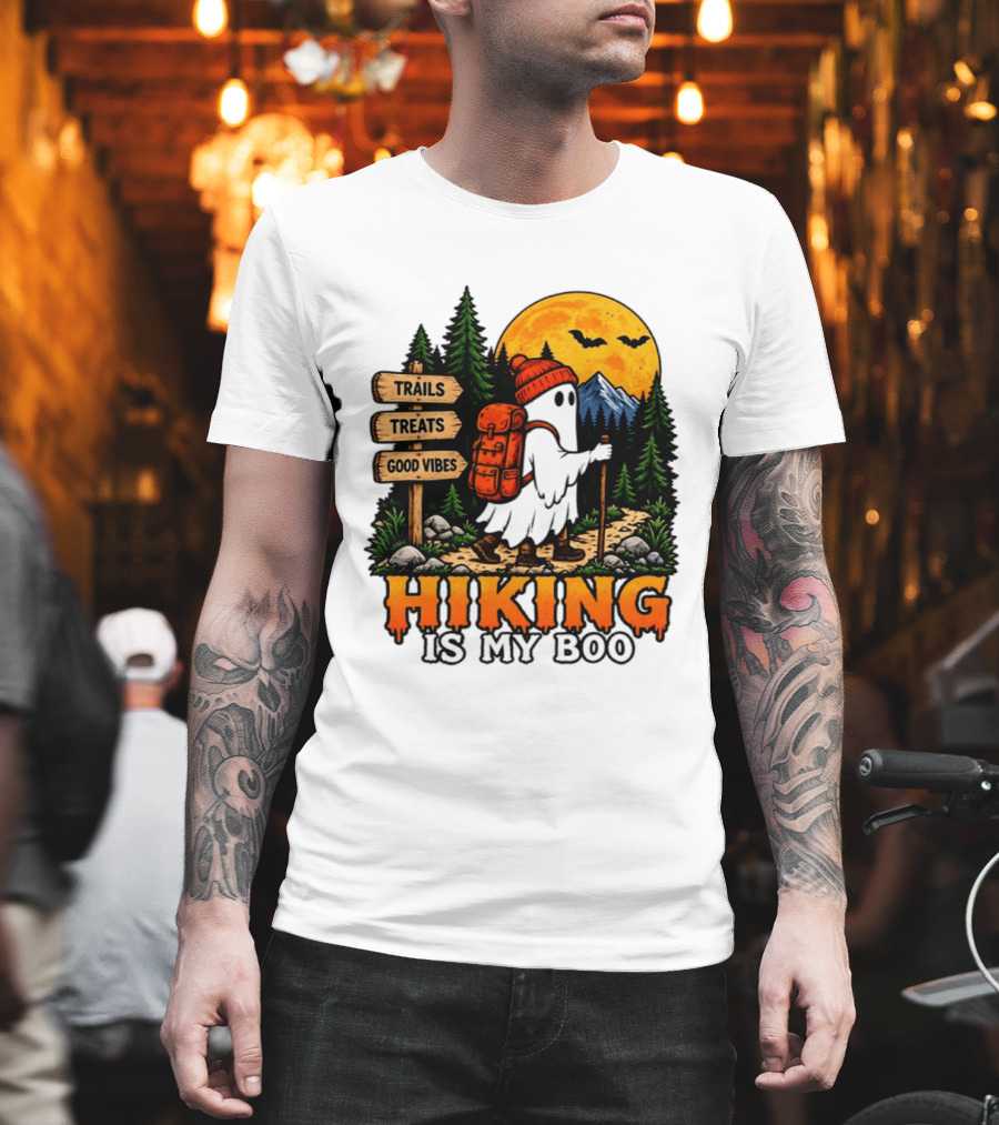 Hiking Is My Boo Ghost Trails Treats Good Vibes Halloween T-Shirt
