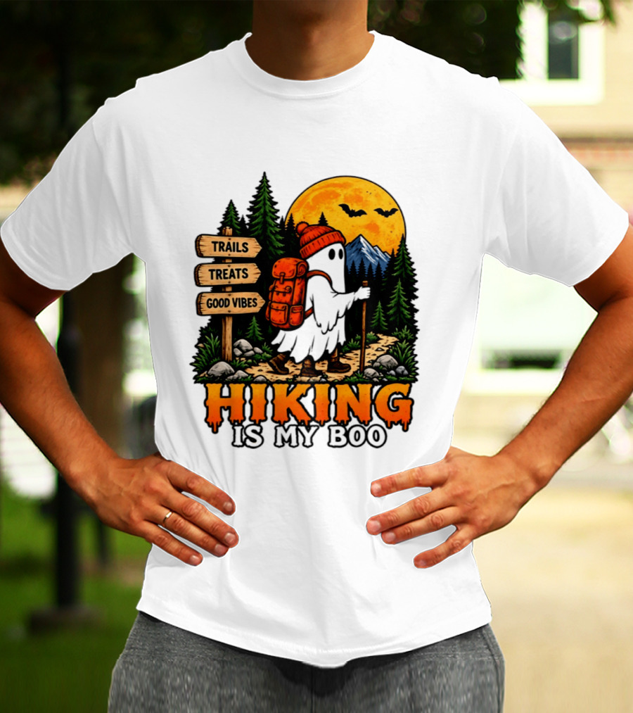 Hiking Is My Boo Ghost Trails Treats Good Vibes Halloween T-Shirt