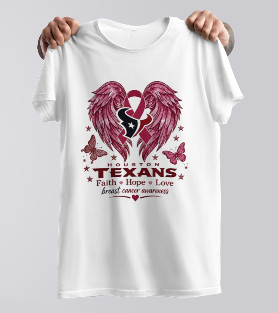 Houston Texans Breast Cancer Awareness Faith Hope Love Wings T-Shirt