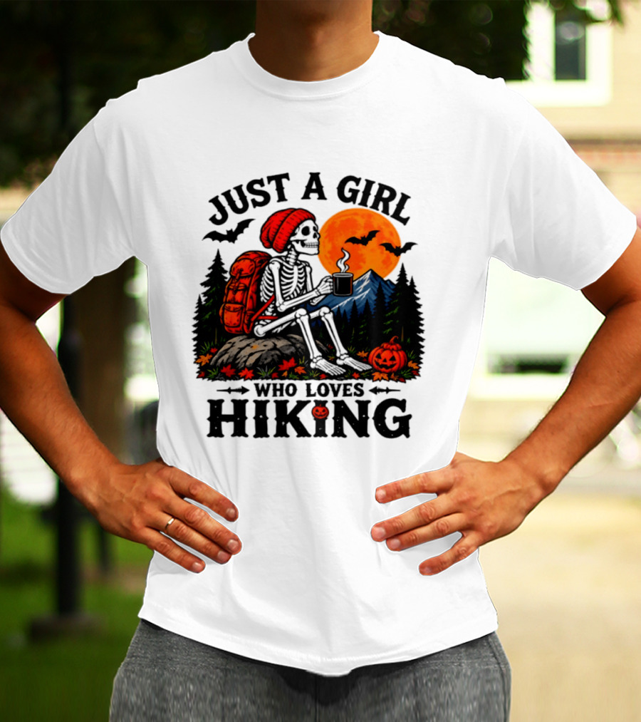 Just A Girl Who Loves Hiking Skeleton Autumn Halloween Pumpkin Bats And Coffee T-Shirt
