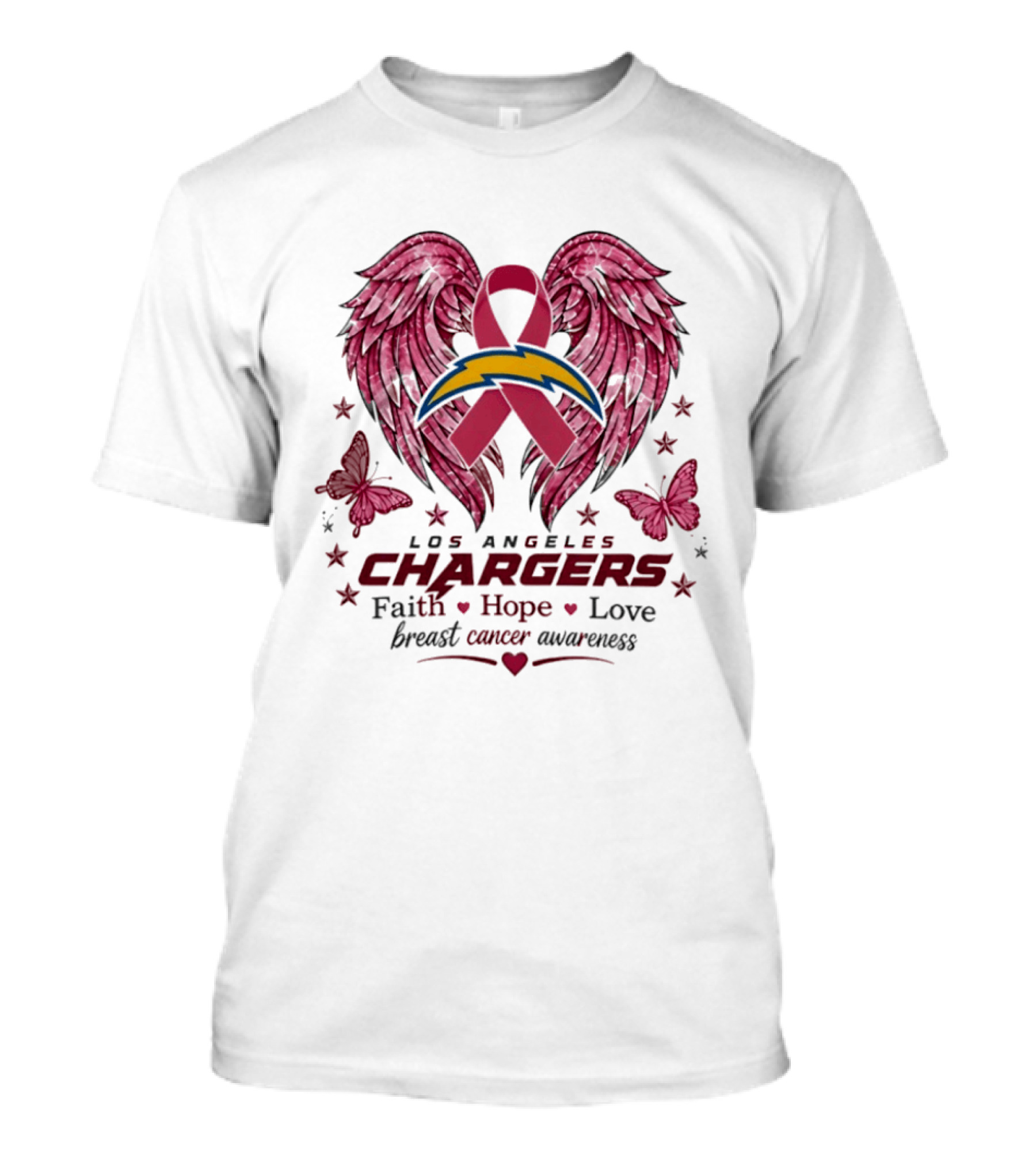 Los Angeles Chargers Breast Cancer Awareness Faith Hope Love Wings Ribbon Butterflies T-Shirt