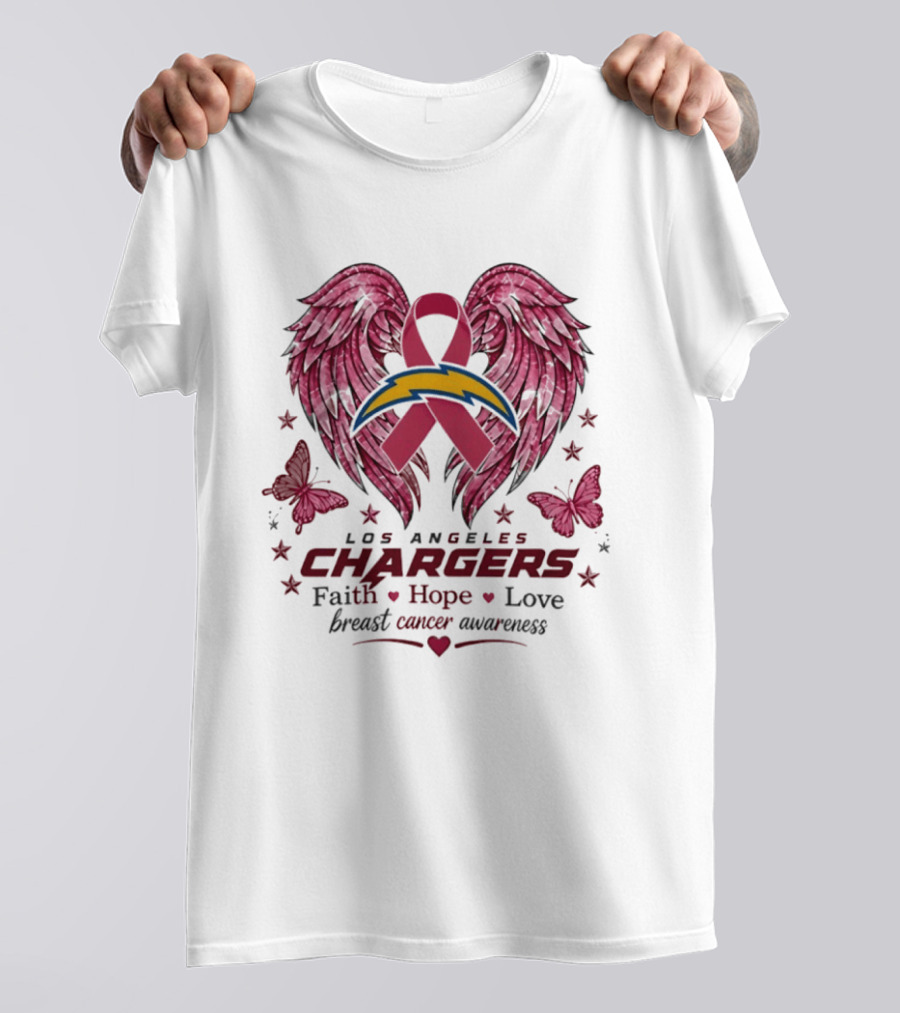Los Angeles Chargers Breast Cancer Awareness Faith Hope Love Wings Ribbon Butterflies T-Shirt