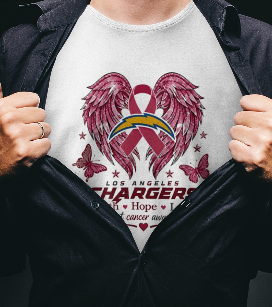 Los Angeles Chargers Breast Cancer Awareness Faith Hope Love Wings Ribbon Butterflies T-Shirt