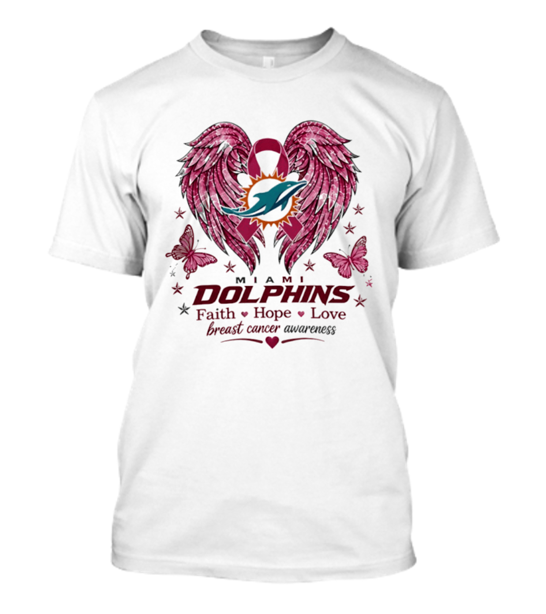Miami Dolphins Breast Cancer Awareness Faith Hope Love Pink Ribbon Wings T-Shirt