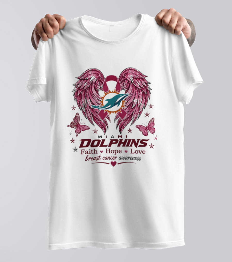 Miami Dolphins Breast Cancer Awareness Faith Hope Love Pink Ribbon Wings T-Shirt