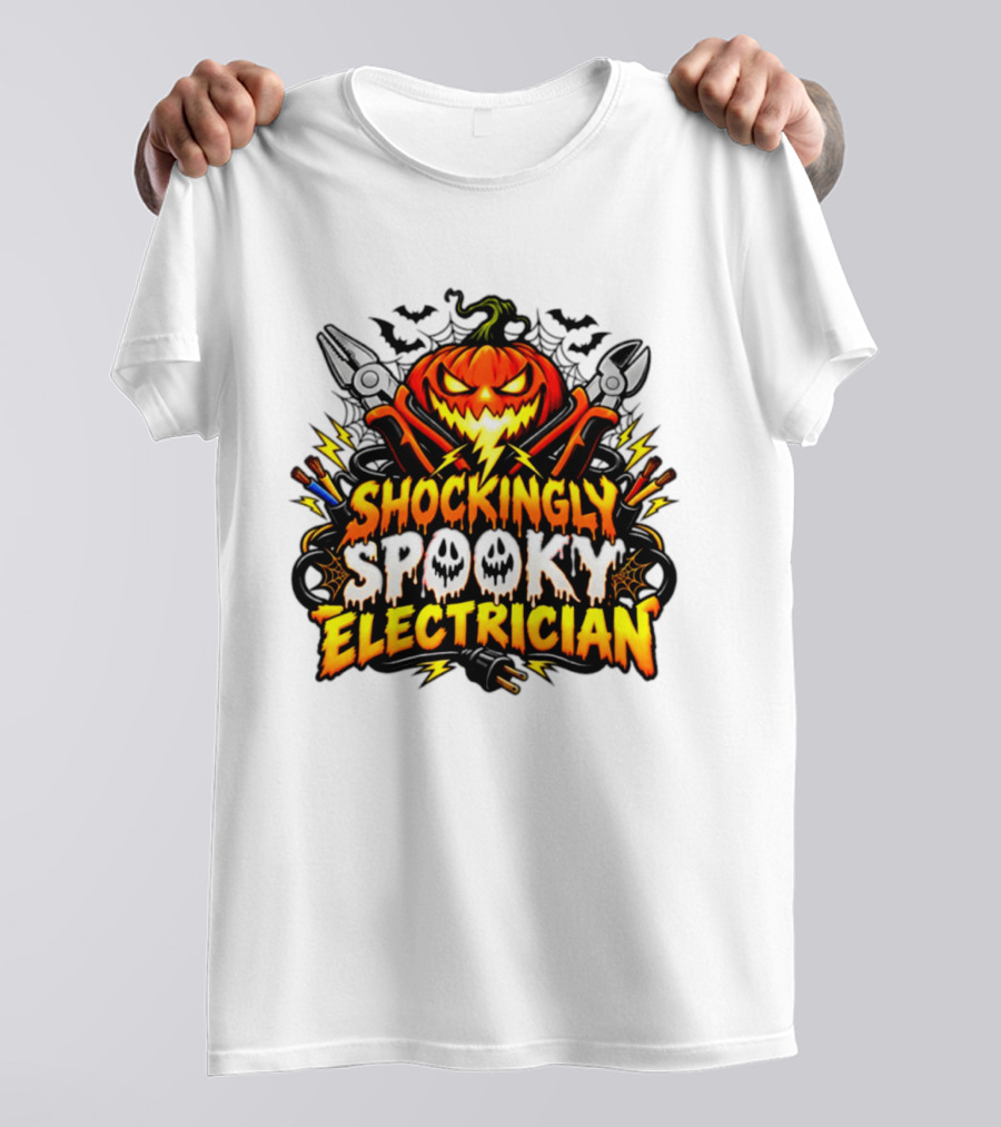 Shockingly Spooky Electrician Pumpkin Halloween Pliers And Bats T-Shirt