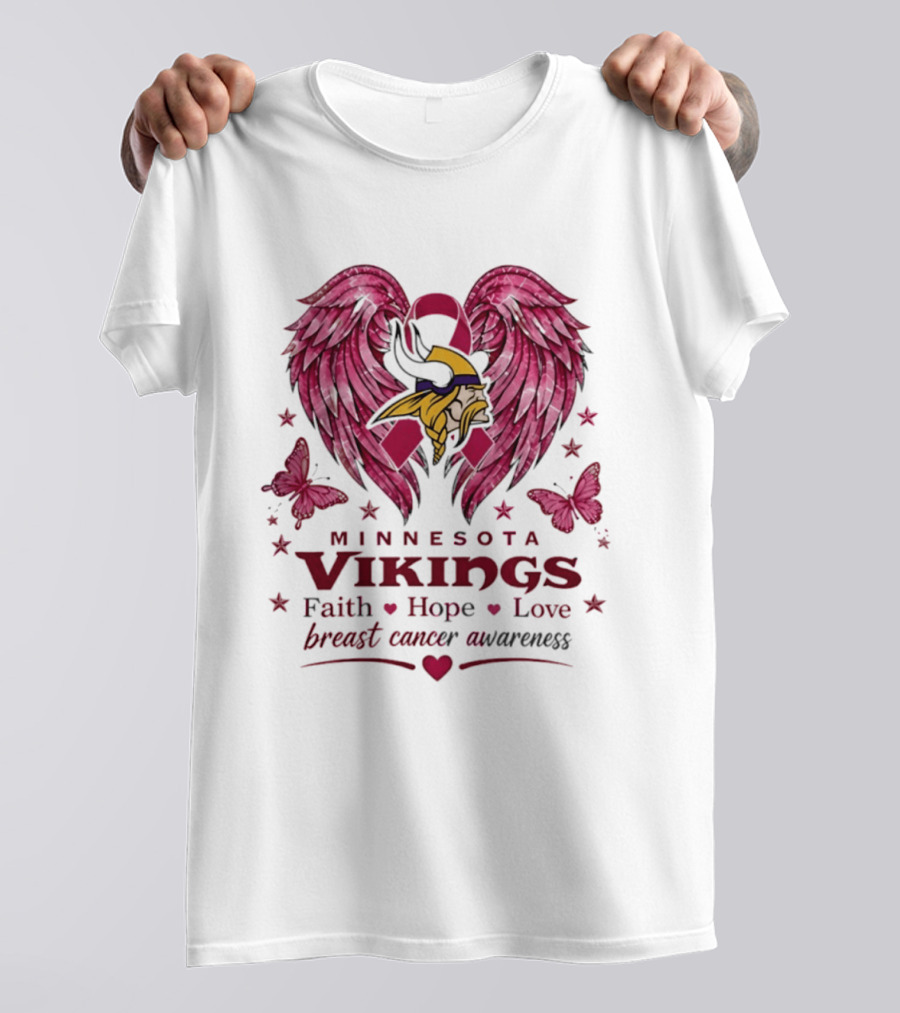 Minnesota Vikings Breast Cancer Awareness Faith Hope Love Wings T-Shirt