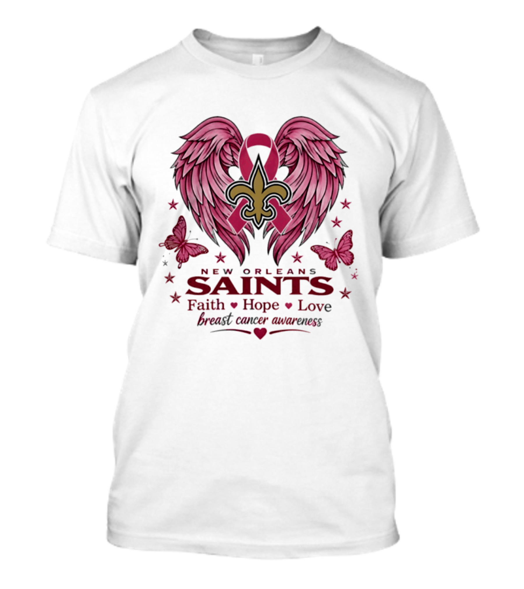 New Orleans Saints Breast Cancer Awareness Faith Hope Love Wings T-Shirt