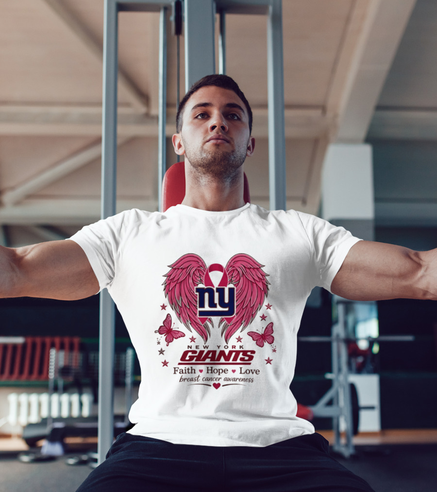 New York Giants Breast Cancer Awareness Faith Hope Love Pink Wings Ribbon T-Shirt