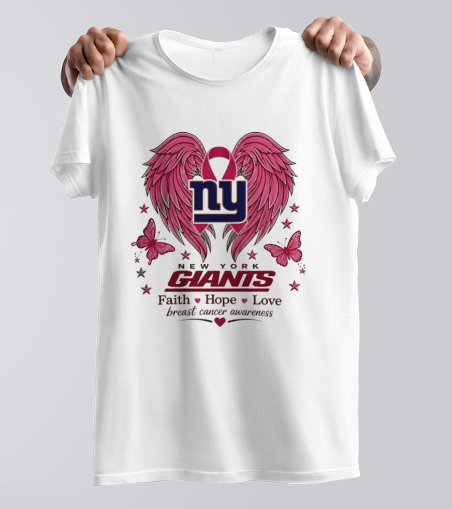 New York Giants Breast Cancer Awareness Faith Hope Love Pink Wings Ribbon T-Shirt