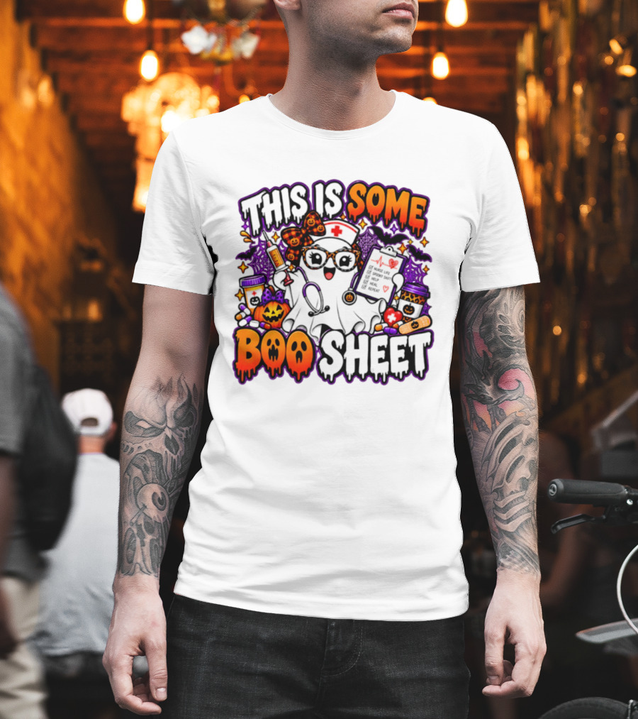 This Is Some Boo Sheet Nurse Life Spooky Shift Halloween 2026 Pumpkin Ghost Nurse Hat Glasses Bats T-Shirt