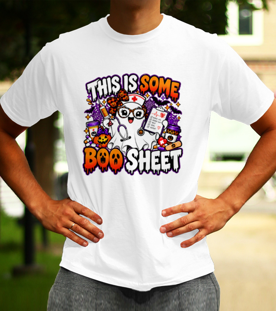 This Is Some Boo Sheet Nurse Life Spooky Shift Halloween 2026 Pumpkin Ghost Nurse Hat Glasses Bats T-Shirt