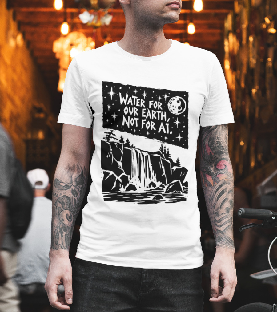 Water For Our Earth Not For AI Moonlit Waterfall Environmental Message T-Shirt