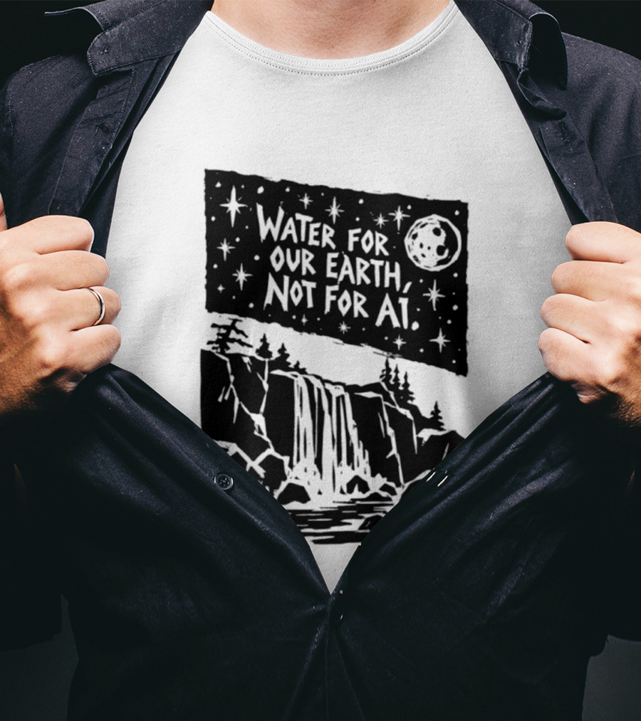 Water For Our Earth Not For AI Moonlit Waterfall Environmental Message T-Shirt