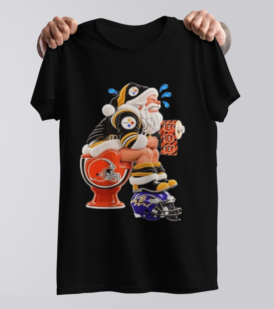Pittsburgh Steelers Santa Christmas Cleveland Browns Toilet Baltimore Ravens Helmet Cincinnati Bengals Toilet Paper Football T-Shirt
