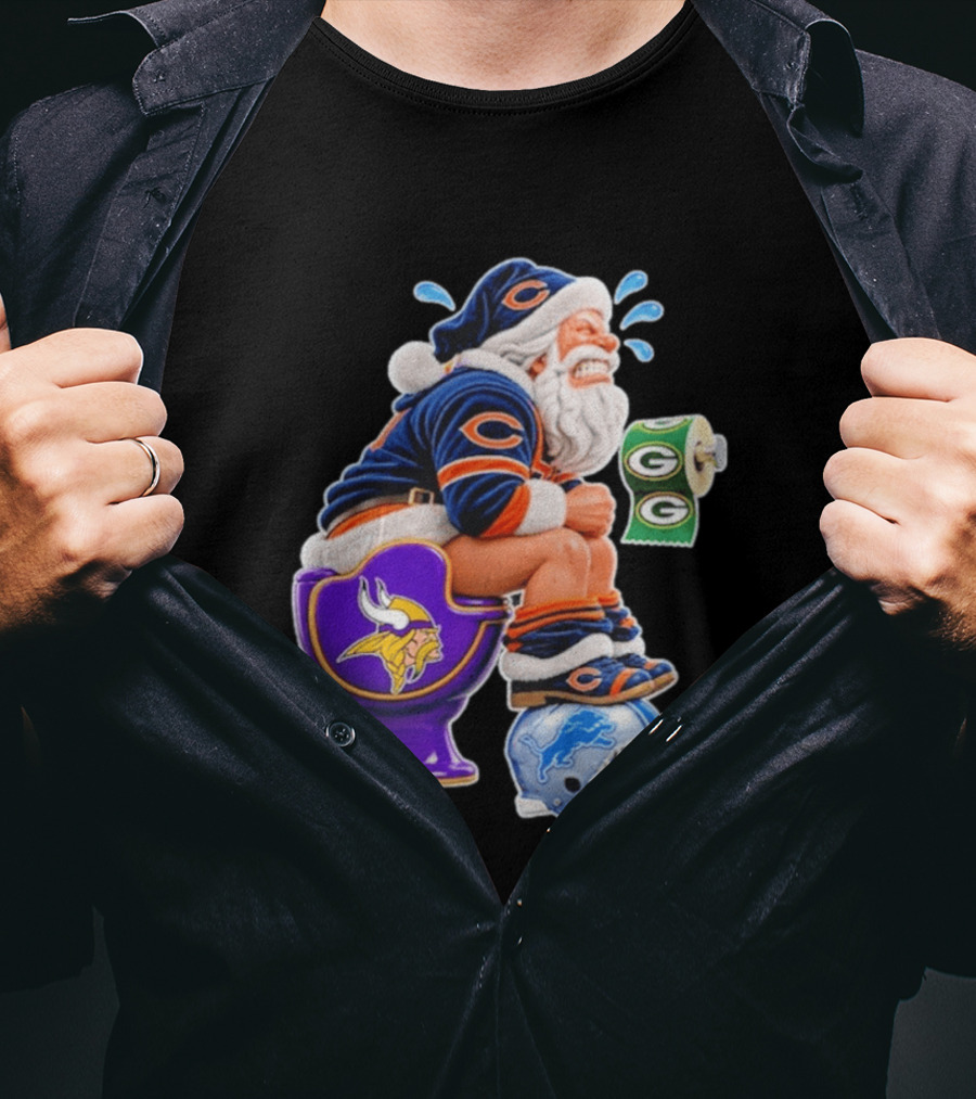 Santa Claus On Toilet Minnesota Vikings Detroit Lions Green Bay Packers Chicago Bears Funny Christmas 2026 Football T-Shirt