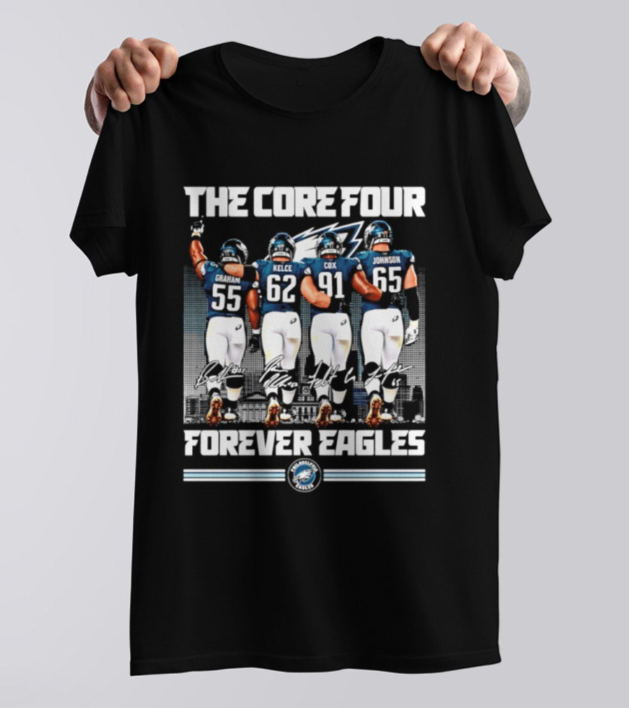 Philadelphia Eagles The Core Four Jenkins Kelce Cox Johnson Forever Legends Skyline Signatures T-Shirt