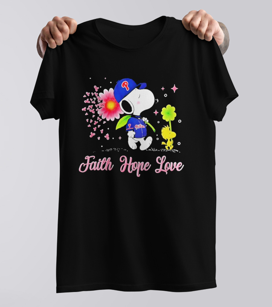 Philadelphia Phillies Snoopy Faith Hope Love Breast Cancer Awareness T-Shirt