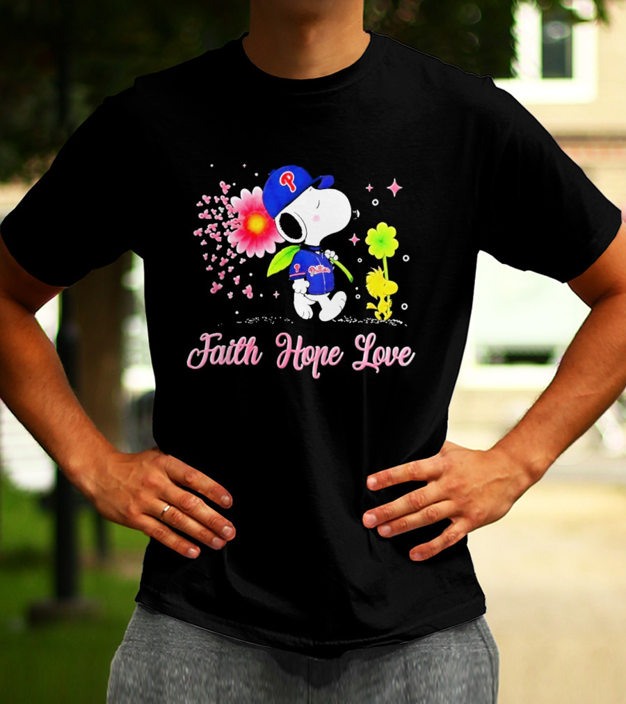 Philadelphia Phillies Snoopy Faith Hope Love Breast Cancer Awareness T-Shirt