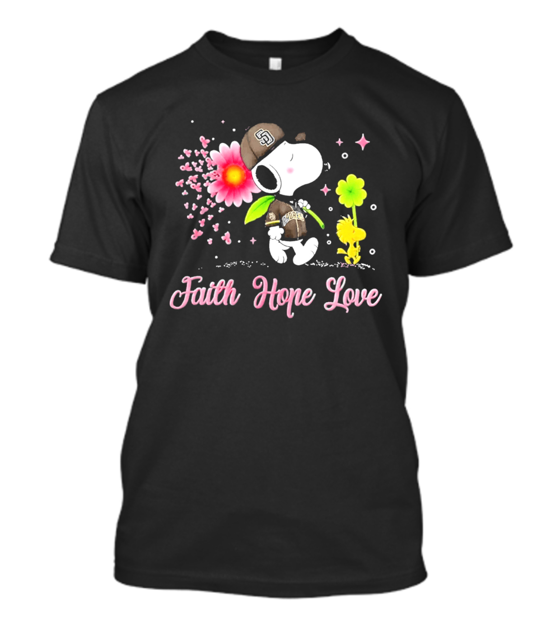 Snoopy San Diego Padres Faith Hope Love Breast Cancer Awareness T-Shirt