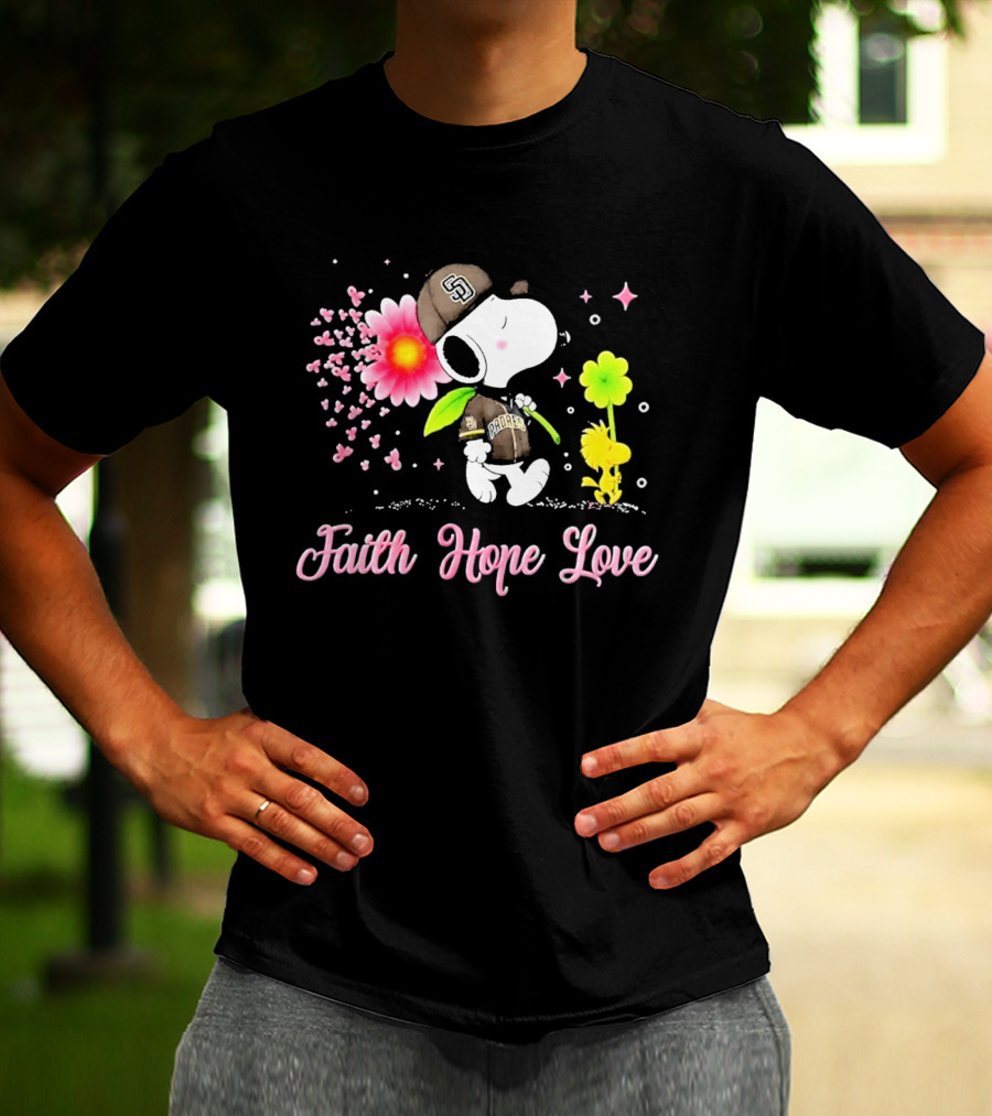 Snoopy San Diego Padres Faith Hope Love Breast Cancer Awareness T-Shirt