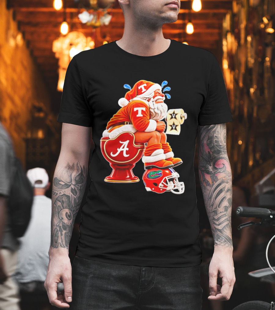 Tennessee Volunteers Santa Claus With Alabama Crimson Tide Toilet Vanderbilt Commodores Toilet Paper Florida Gators Helmet T-Shirt